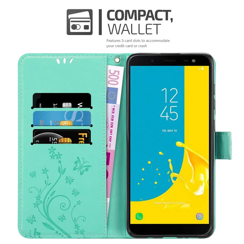 Cadorabo Hülle kompatibel mit Samsung Galaxy J6 2018 Schutzhülle im Blumen Design mit Magnetverschluss, Standfunktion und Kartenfächern