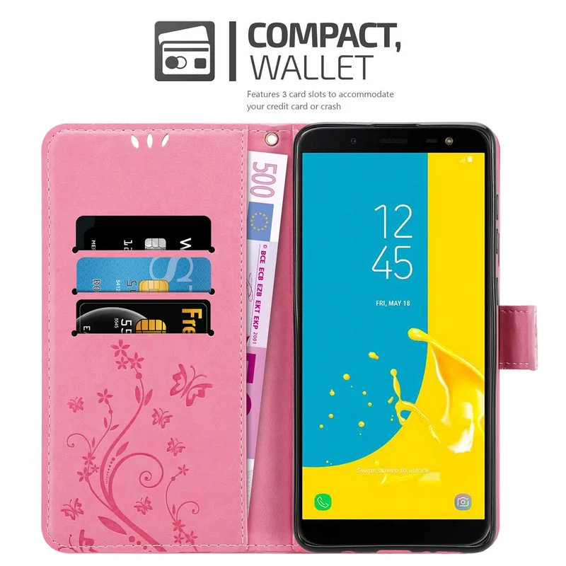 Cadorabo Hülle kompatibel mit Samsung Galaxy J6 2018 Schutzhülle im Blumen Design mit Magnetverschluss, Standfunktion und Kartenfächern