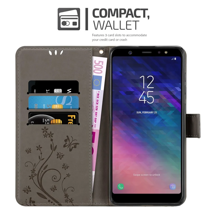Cadorabo Hülle kompatibel mit Samsung Galaxy A6 PLUS 2018 Schutzhülle im Blumen Design mit Magnetverschluss, Standfunktion und Kartenfächern