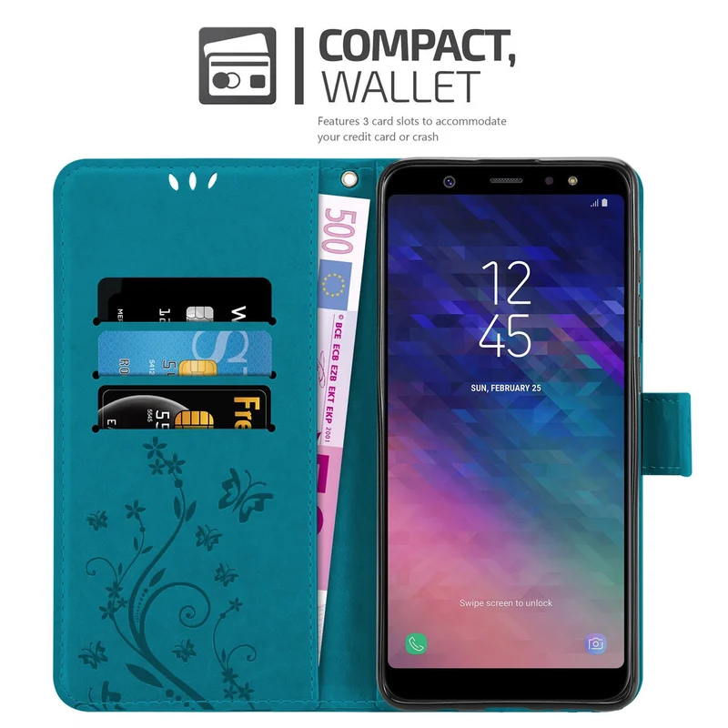 Cadorabo Hülle kompatibel mit Samsung Galaxy A6 PLUS 2018 Schutzhülle im Blumen Design mit Magnetverschluss, Standfunktion und Kartenfächern
