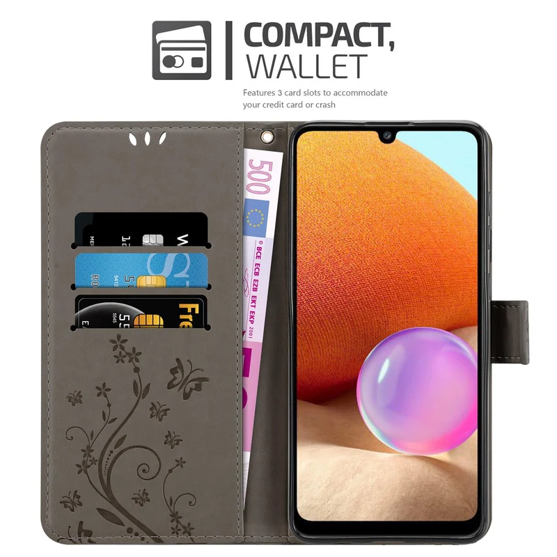 Cadorabo Hülle kompatibel mit Samsung Galaxy A32 4G Schutzhülle im Blumen Design mit Magnetverschluss, Standfunktion und Kartenfächern