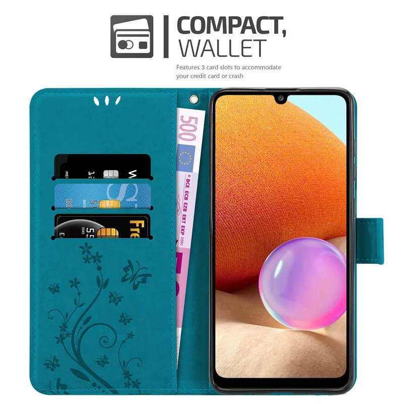 Cadorabo Hülle kompatibel mit Samsung Galaxy A32 4G Schutzhülle im Blumen Design mit Magnetverschluss, Standfunktion und Kartenfächern