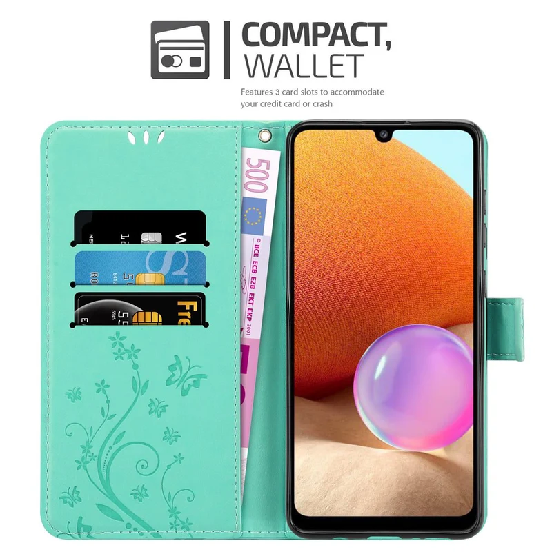 Cadorabo Hülle kompatibel mit Samsung Galaxy A32 4G Schutzhülle im Blumen Design mit Magnetverschluss, Standfunktion und Kartenfächern