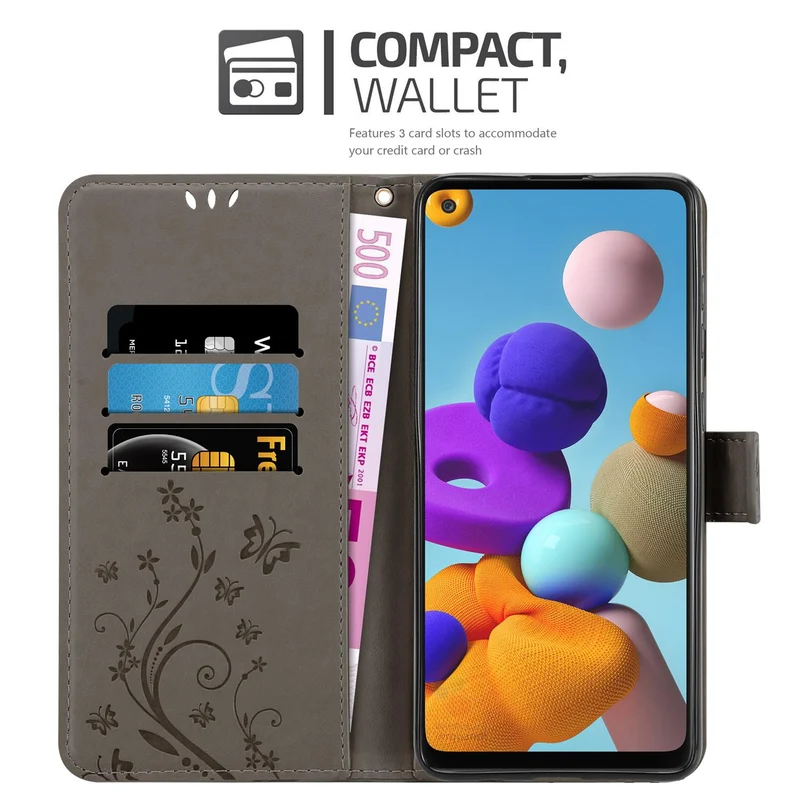Cadorabo Hülle kompatibel mit Samsung Galaxy A21s Schutzhülle im Blumen Design mit Magnetverschluss, Standfunktion und Kartenfächern