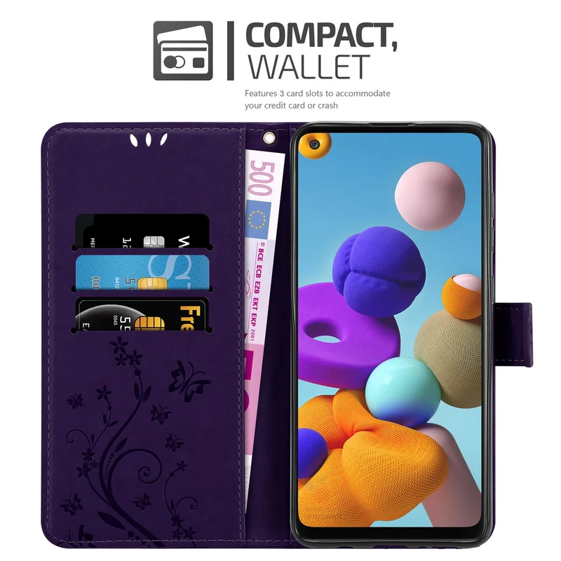 Cadorabo Hülle kompatibel mit Samsung Galaxy A21s Schutzhülle im Blumen Design mit Magnetverschluss, Standfunktion und Kartenfächern