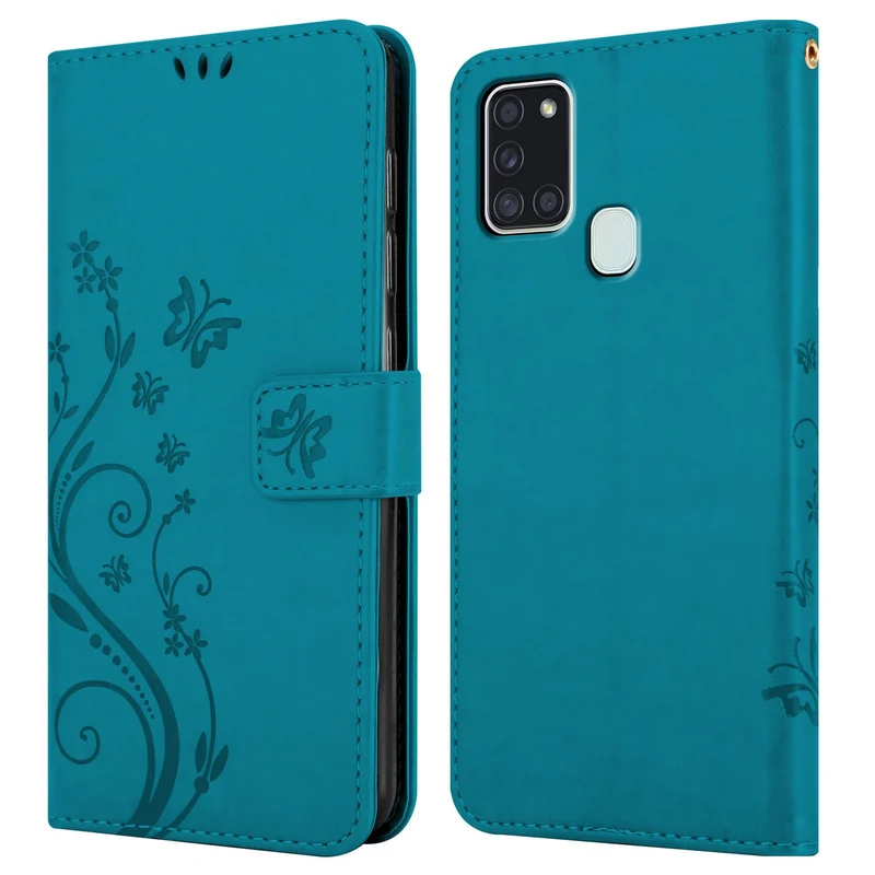 Cadorabo Hülle kompatibel mit Samsung Galaxy A21s Schutzhülle im Blumen Design mit Magnetverschluss, Standfunktion und Kartenfächern
