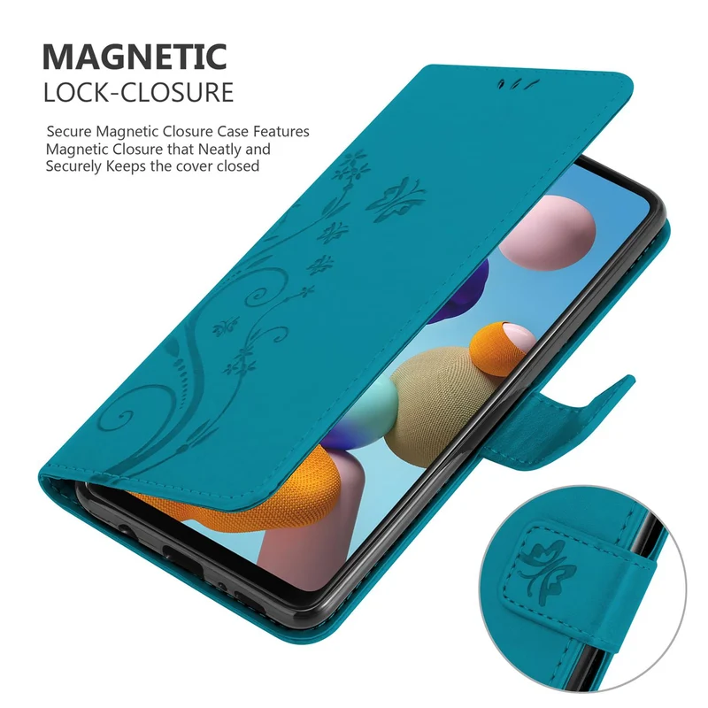 Cadorabo Hülle kompatibel mit Samsung Galaxy A21s Schutzhülle im Blumen Design mit Magnetverschluss, Standfunktion und Kartenfächern