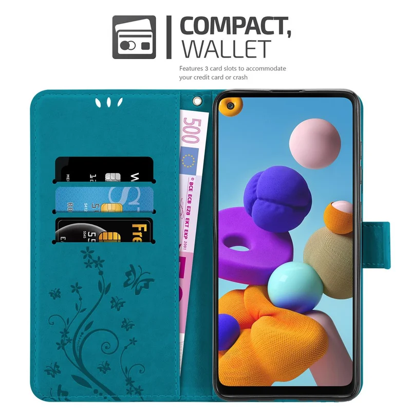 Cadorabo Hülle kompatibel mit Samsung Galaxy A21s Schutzhülle im Blumen Design mit Magnetverschluss, Standfunktion und Kartenfächern