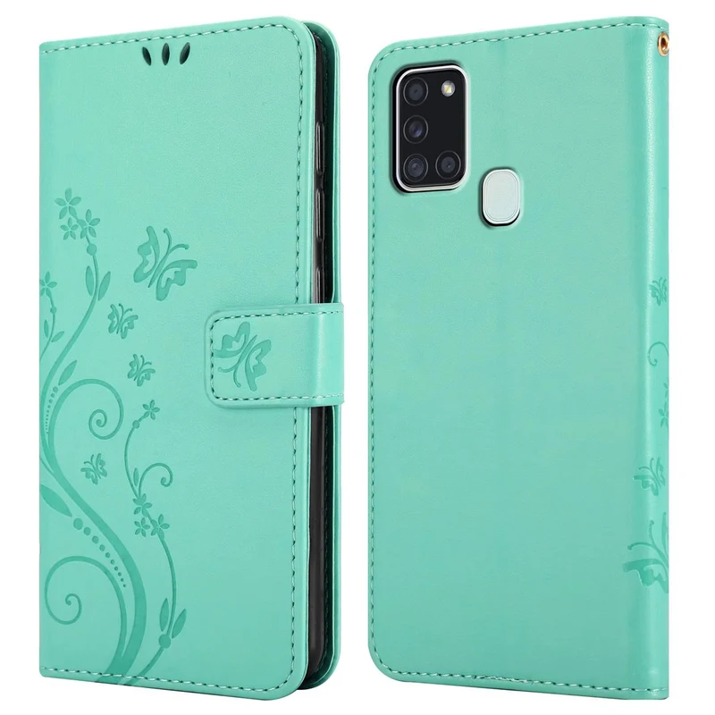Cadorabo Hülle kompatibel mit Samsung Galaxy A21s Schutzhülle im Blumen Design mit Magnetverschluss, Standfunktion und Kartenfächern