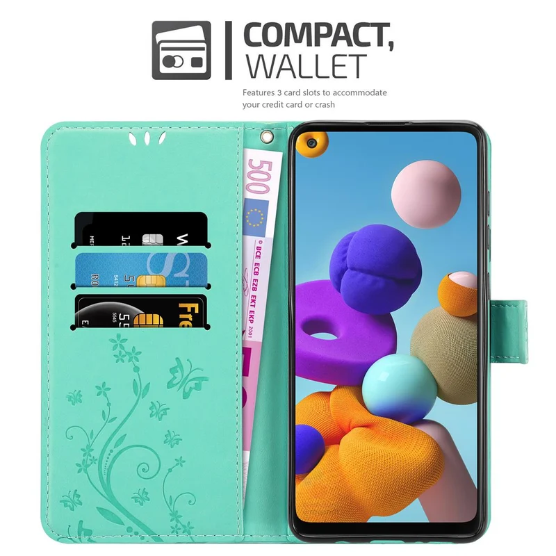 Cadorabo Hülle kompatibel mit Samsung Galaxy A21s Schutzhülle im Blumen Design mit Magnetverschluss, Standfunktion und Kartenfächern