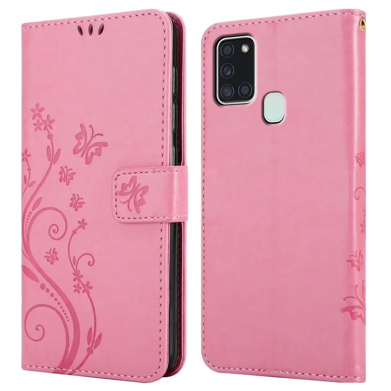Cadorabo Hülle kompatibel mit Samsung Galaxy A21s Schutzhülle im Blumen Design mit Magnetverschluss, Standfunktion und Kartenfächern