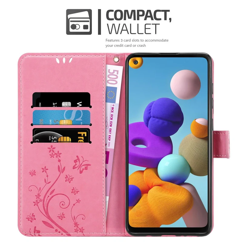 Cadorabo Hülle kompatibel mit Samsung Galaxy A21s Schutzhülle im Blumen Design mit Magnetverschluss, Standfunktion und Kartenfächern