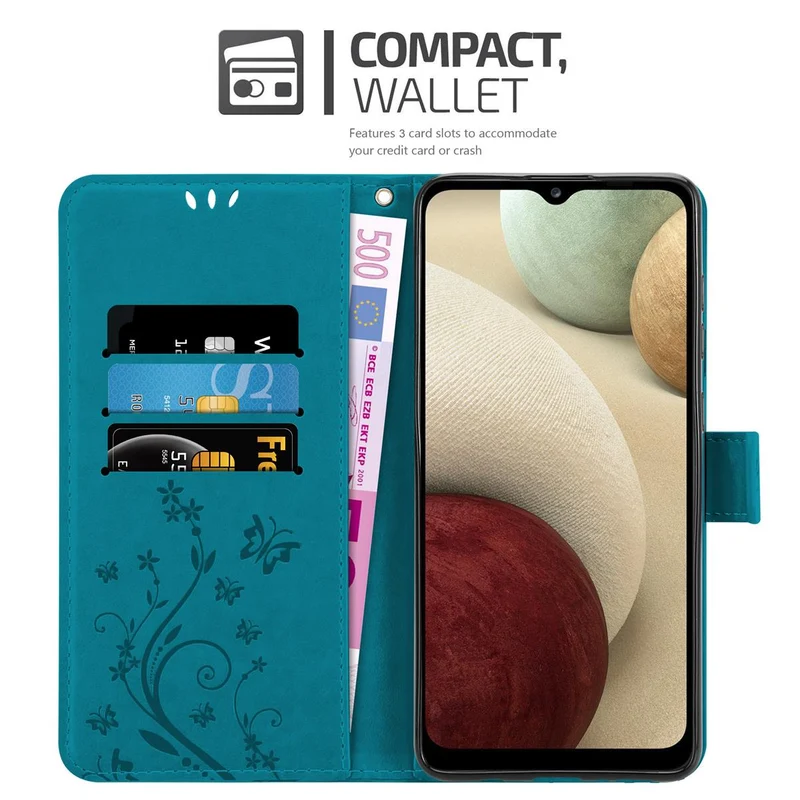 Cadorabo Hülle kompatibel mit Samsung Galaxy A12 / M12 Schutzhülle im Blumen Design mit Magnetverschluss, Standfunktion und Kartenfächern