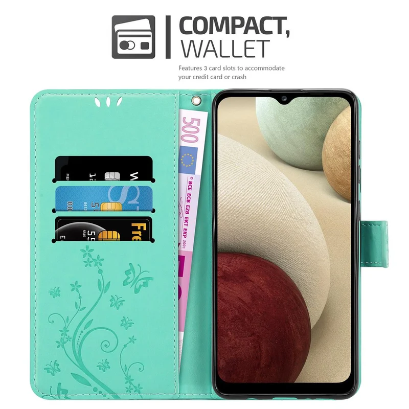 Cadorabo Hülle kompatibel mit Samsung Galaxy A12 / M12 Schutzhülle im Blumen Design mit Magnetverschluss, Standfunktion und Kartenfächern
