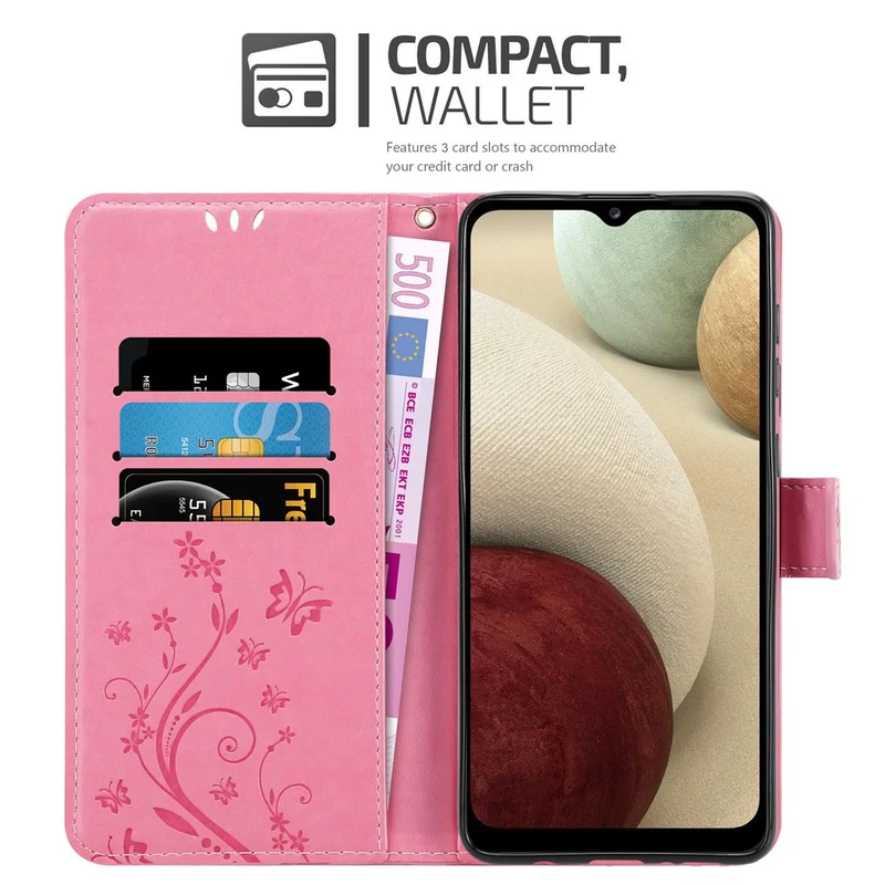 Cadorabo Hülle kompatibel mit Samsung Galaxy A12 / M12 Schutzhülle im Blumen Design mit Magnetverschluss, Standfunktion und Kartenfächern