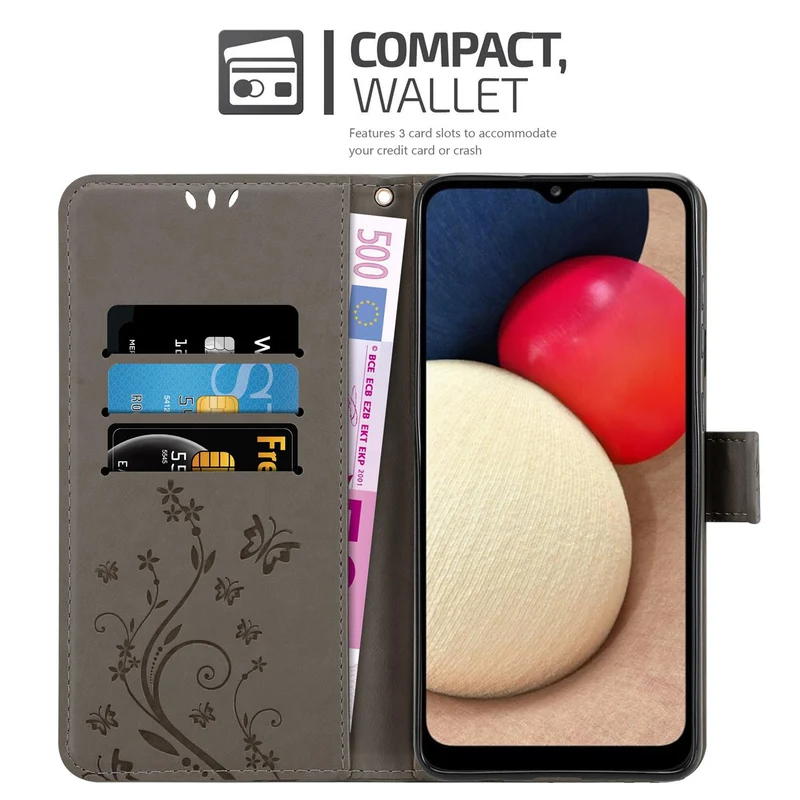 Cadorabo Hülle kompatibel mit Samsung Galaxy A02s Schutzhülle im Blumen Design mit Magnetverschluss, Standfunktion und Kartenfächern