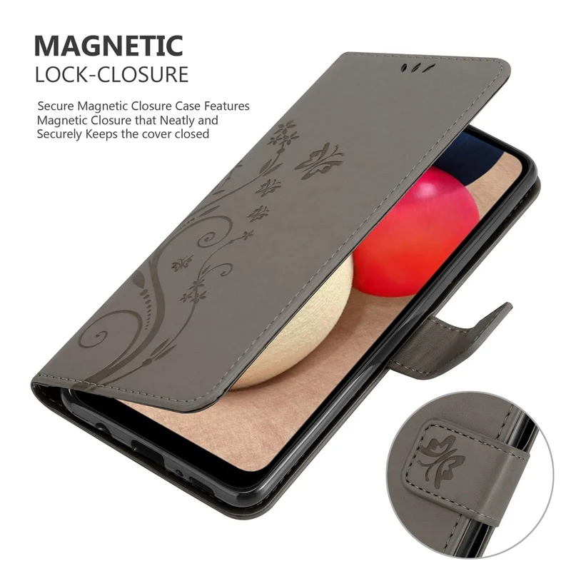 Cadorabo Hülle kompatibel mit Samsung Galaxy A02s Schutzhülle im Blumen Design mit Magnetverschluss, Standfunktion und Kartenfächern