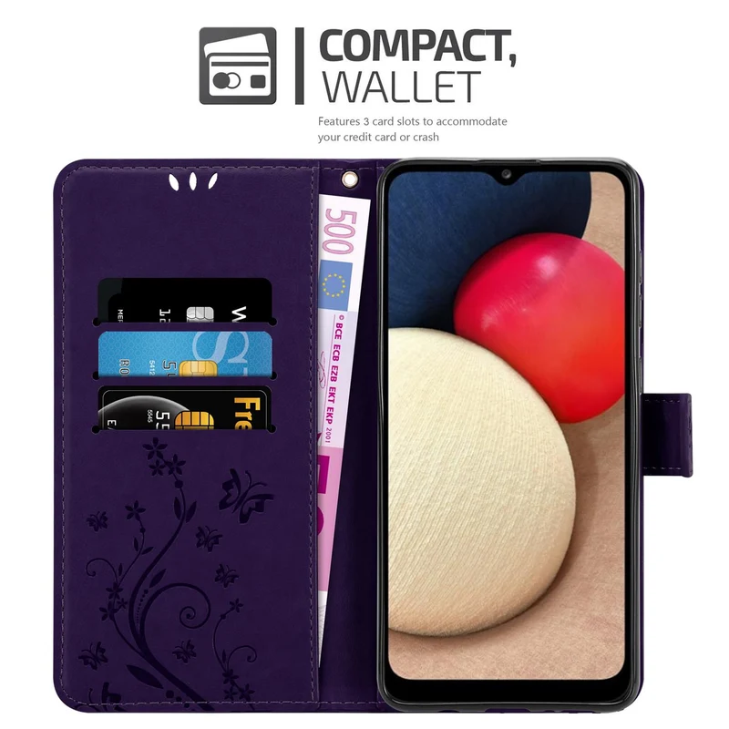 Cadorabo Hülle kompatibel mit Samsung Galaxy A02s Schutzhülle im Blumen Design mit Magnetverschluss, Standfunktion und Kartenfächern