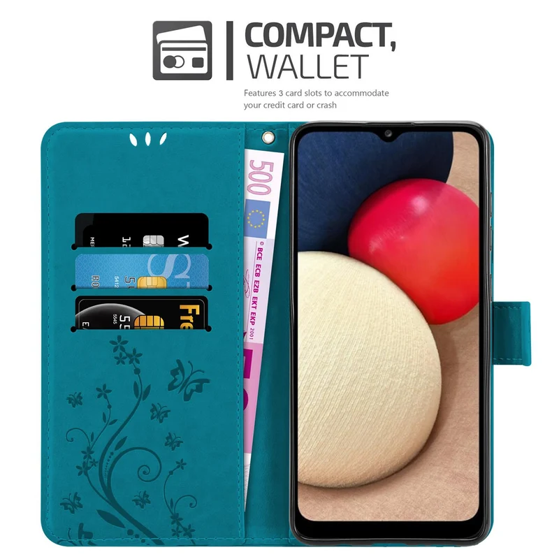 Cadorabo Hülle kompatibel mit Samsung Galaxy A02s Schutzhülle im Blumen Design mit Magnetverschluss, Standfunktion und Kartenfächern