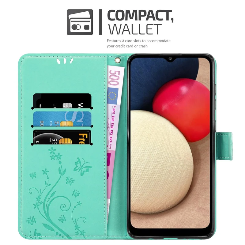 Cadorabo Hülle kompatibel mit Samsung Galaxy A02s Schutzhülle im Blumen Design mit Magnetverschluss, Standfunktion und Kartenfächern