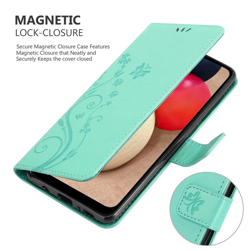 Cadorabo Hülle kompatibel mit Samsung Galaxy A02s Schutzhülle im Blumen Design mit Magnetverschluss, Standfunktion und Kartenfächern