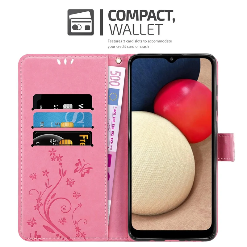 Cadorabo Hülle kompatibel mit Samsung Galaxy A02s Schutzhülle im Blumen Design mit Magnetverschluss, Standfunktion und Kartenfächern