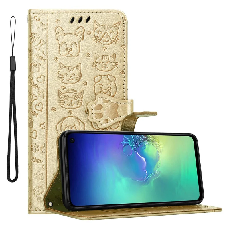 Cadorabo Hülle kompatibel mit Samsung Galaxy S10e Niedliche Hunde und Katzen - Schutzhülle mit Standfunktion und Kartenfächern