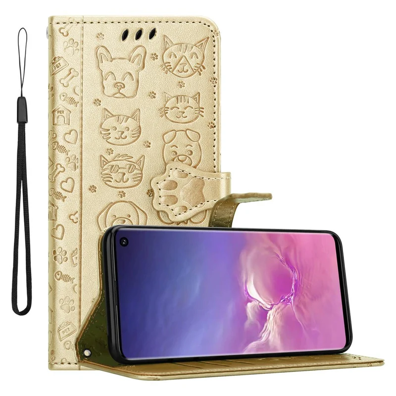 Cadorabo Hülle kompatibel mit Samsung Galaxy S10 4G Niedliche Hunde und Katzen - Schutzhülle mit Standfunktion und Kartenfächern