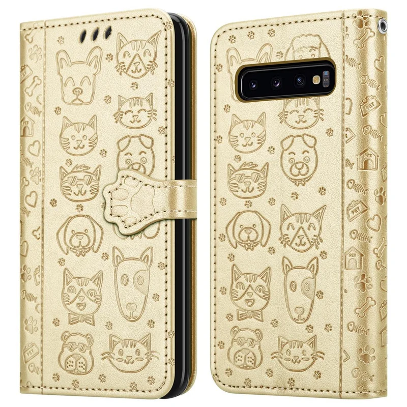 Cadorabo Hülle kompatibel mit Samsung Galaxy S10 4G Niedliche Hunde und Katzen - Schutzhülle mit Standfunktion und Kartenfächern