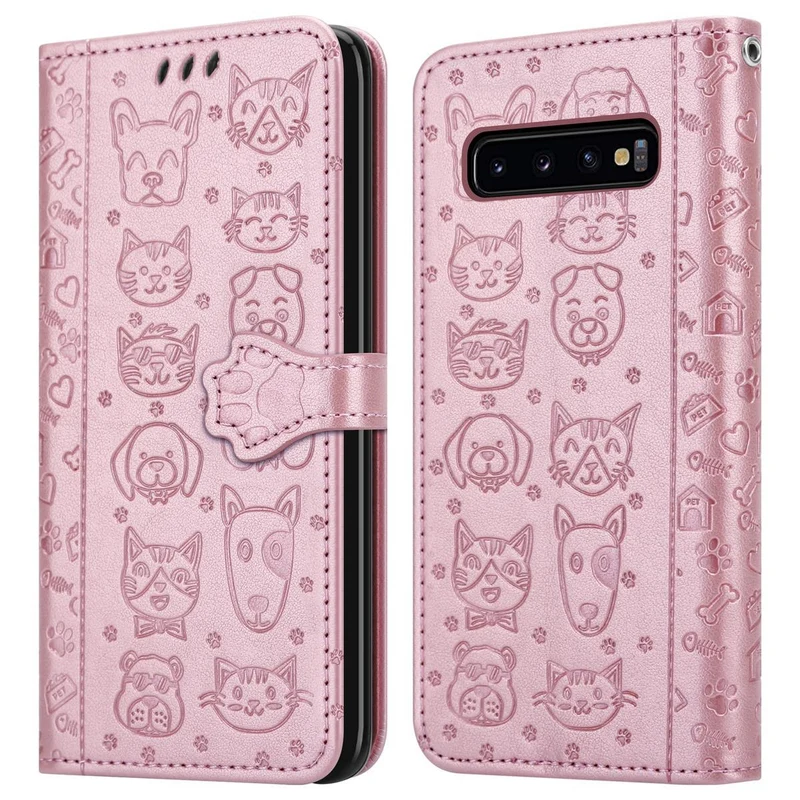 Cadorabo Hülle kompatibel mit Samsung Galaxy S10 4G Niedliche Hunde und Katzen - Schutzhülle mit Standfunktion und Kartenfächern