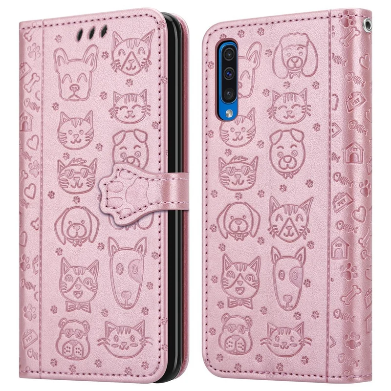 Cadorabo Hülle kompatibel mit Samsung Galaxy A50 4G / A50s / A30s Niedliche Hunde und Katzen - Schutzhülle mit Standfunktion und Kartenfächern