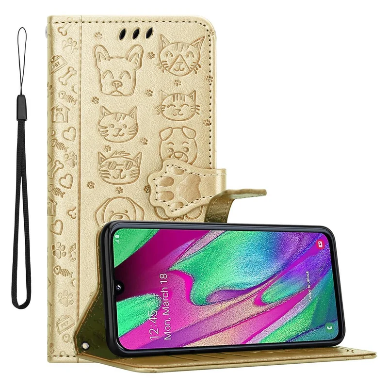 Cadorabo Hülle kompatibel mit Samsung Galaxy A40 Niedliche Hunde und Katzen - Schutzhülle mit Standfunktion und Kartenfächern