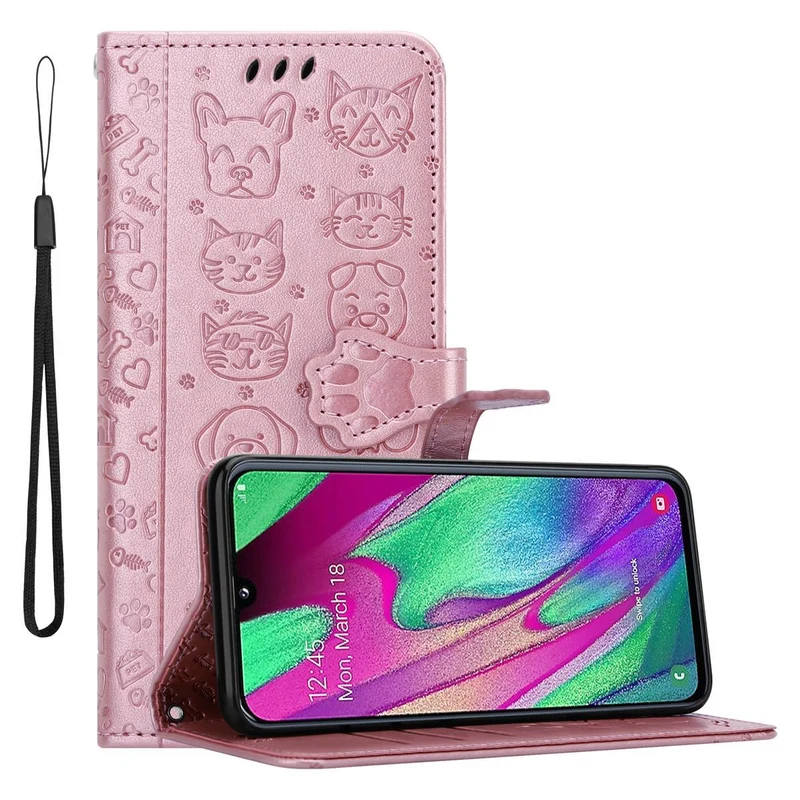 Cadorabo Hülle kompatibel mit Samsung Galaxy A40 Niedliche Hunde und Katzen - Schutzhülle mit Standfunktion und Kartenfächern