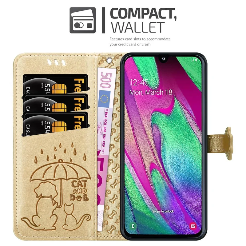 Cadorabo Hülle kompatibel mit Samsung Galaxy A40 Niedliche Hunde und Katzen - Schutzhülle mit Standfunktion und Kartenfächern