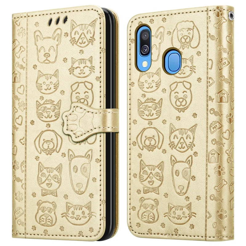 Cadorabo Hülle kompatibel mit Samsung Galaxy A40 Niedliche Hunde und Katzen - Schutzhülle mit Standfunktion und Kartenfächern