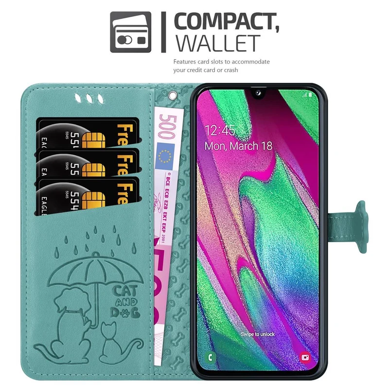 Cadorabo Hülle kompatibel mit Samsung Galaxy A40 Niedliche Hunde und Katzen - Schutzhülle mit Standfunktion und Kartenfächern