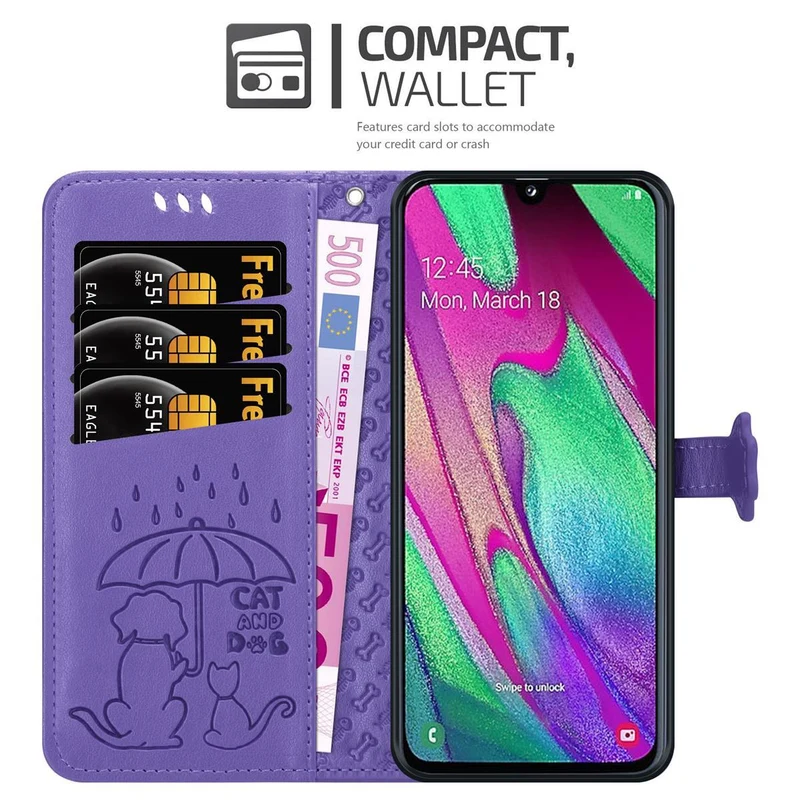 Cadorabo Hülle kompatibel mit Samsung Galaxy A40 Niedliche Hunde und Katzen - Schutzhülle mit Standfunktion und Kartenfächern