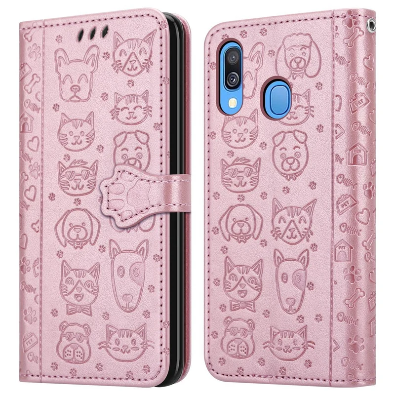 Cadorabo Hülle kompatibel mit Samsung Galaxy A40 Niedliche Hunde und Katzen - Schutzhülle mit Standfunktion und Kartenfächern