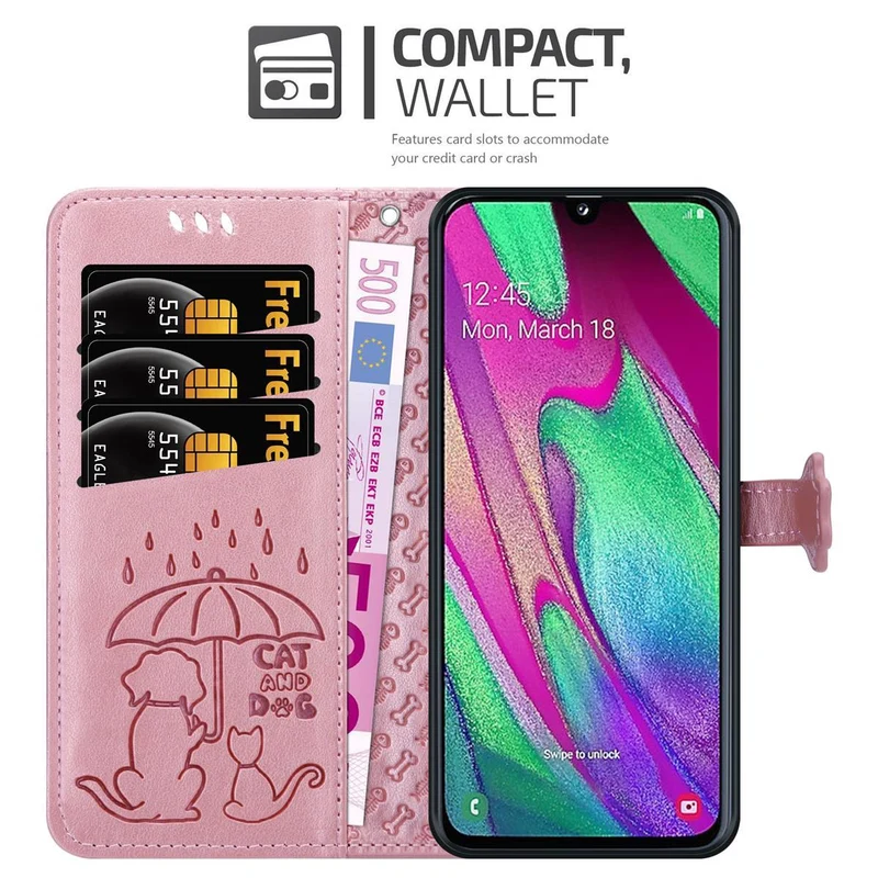 Cadorabo Hülle kompatibel mit Samsung Galaxy A40 Niedliche Hunde und Katzen - Schutzhülle mit Standfunktion und Kartenfächern