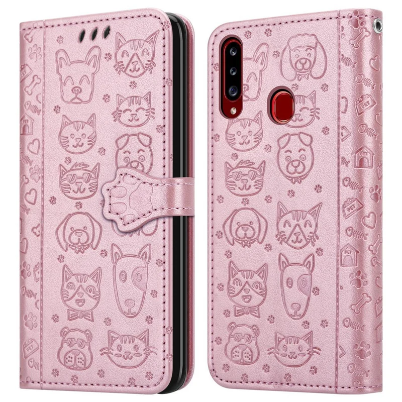 Cadorabo Hülle kompatibel mit Samsung Galaxy A20s Niedliche Hunde und Katzen - Schutzhülle mit Standfunktion und Kartenfächern