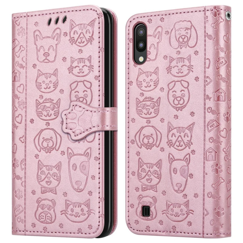 Cadorabo Hülle kompatibel mit Samsung Galaxy A10 / M10 Niedliche Hunde und Katzen - Schutzhülle mit Standfunktion und Kartenfächern