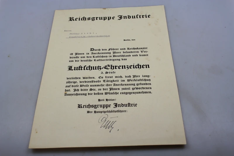 Luftschutzurkunde Ehrenzeichen 1938