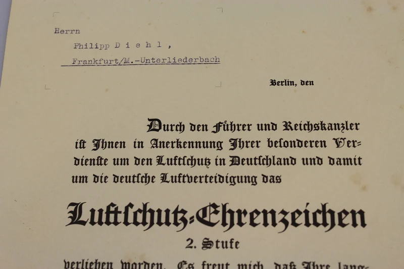 Luftschutzurkunde Ehrenzeichen 1938