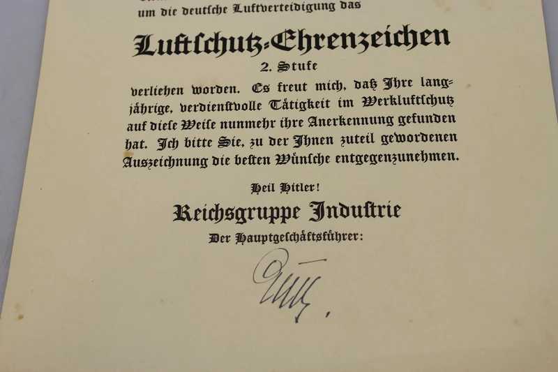Luftschutzurkunde Ehrenzeichen 1938