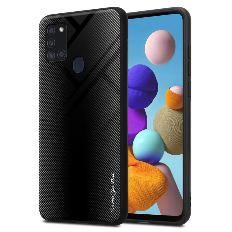 Cadorabo Hülle kompatibel mit Samsung Galaxy A21s - Streifen Optik Schutzhülle aus Tempered Glas und TPU Silikon