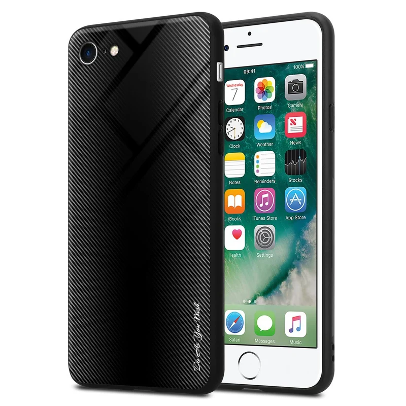Cadorabo Hülle kompatibel mit Apple iPhone 7 / 7S / 8 / SE 2020 - Streifen Optik Schutzhülle aus Tempered Glas und TPU Silikon