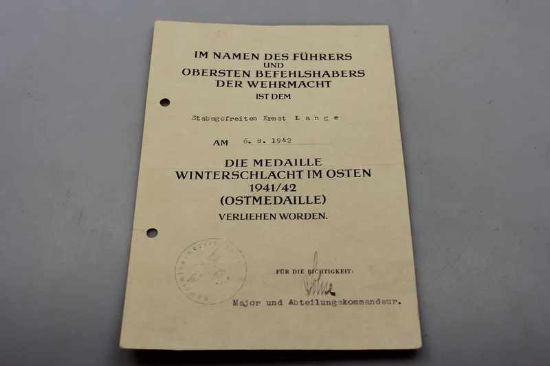 Ostmedaille Urkunde 1941/42