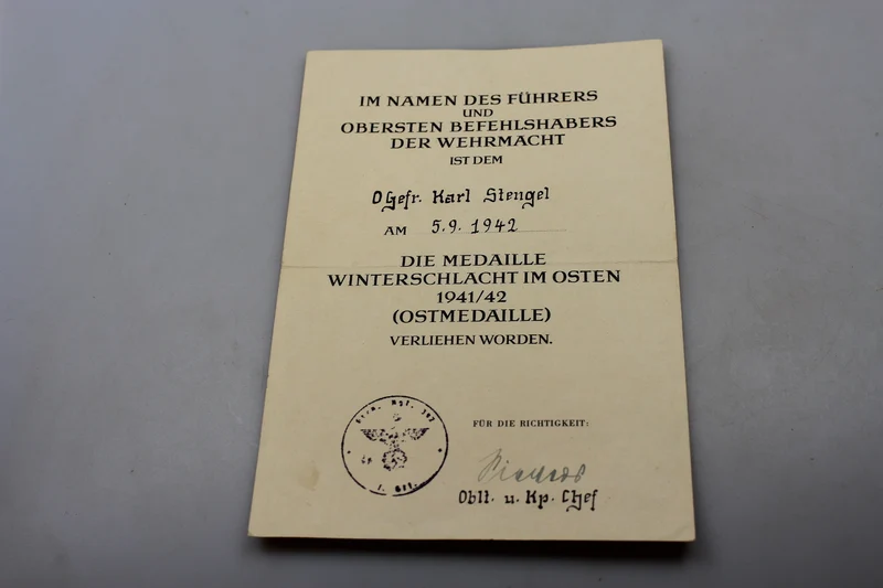 Ostmedaille Urkunde 1941/42