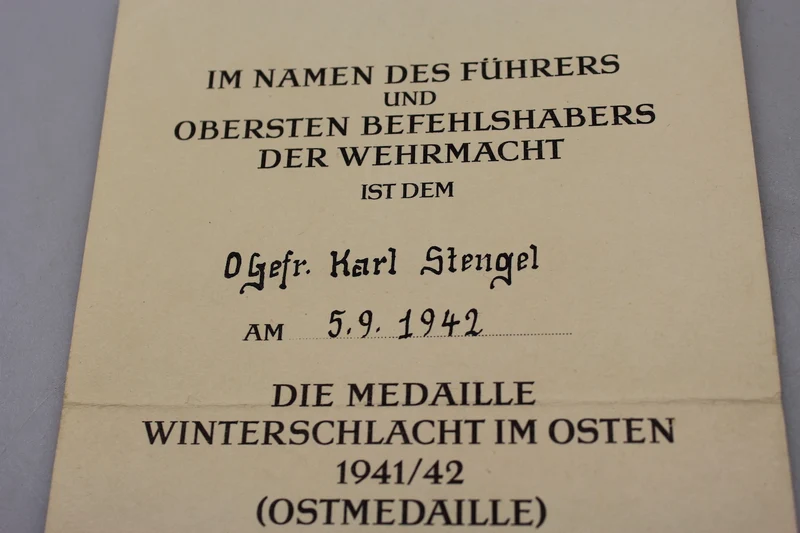 Ostmedaille Urkunde 1941/42