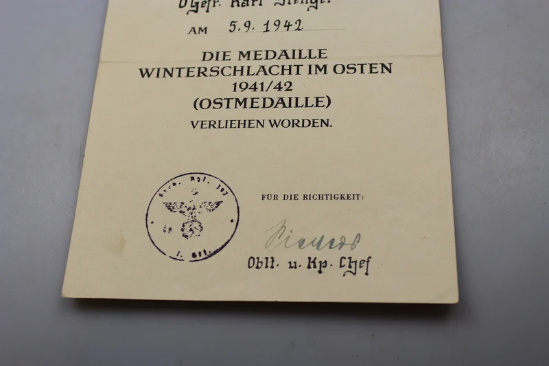 Ostmedaille Urkunde 1941/42